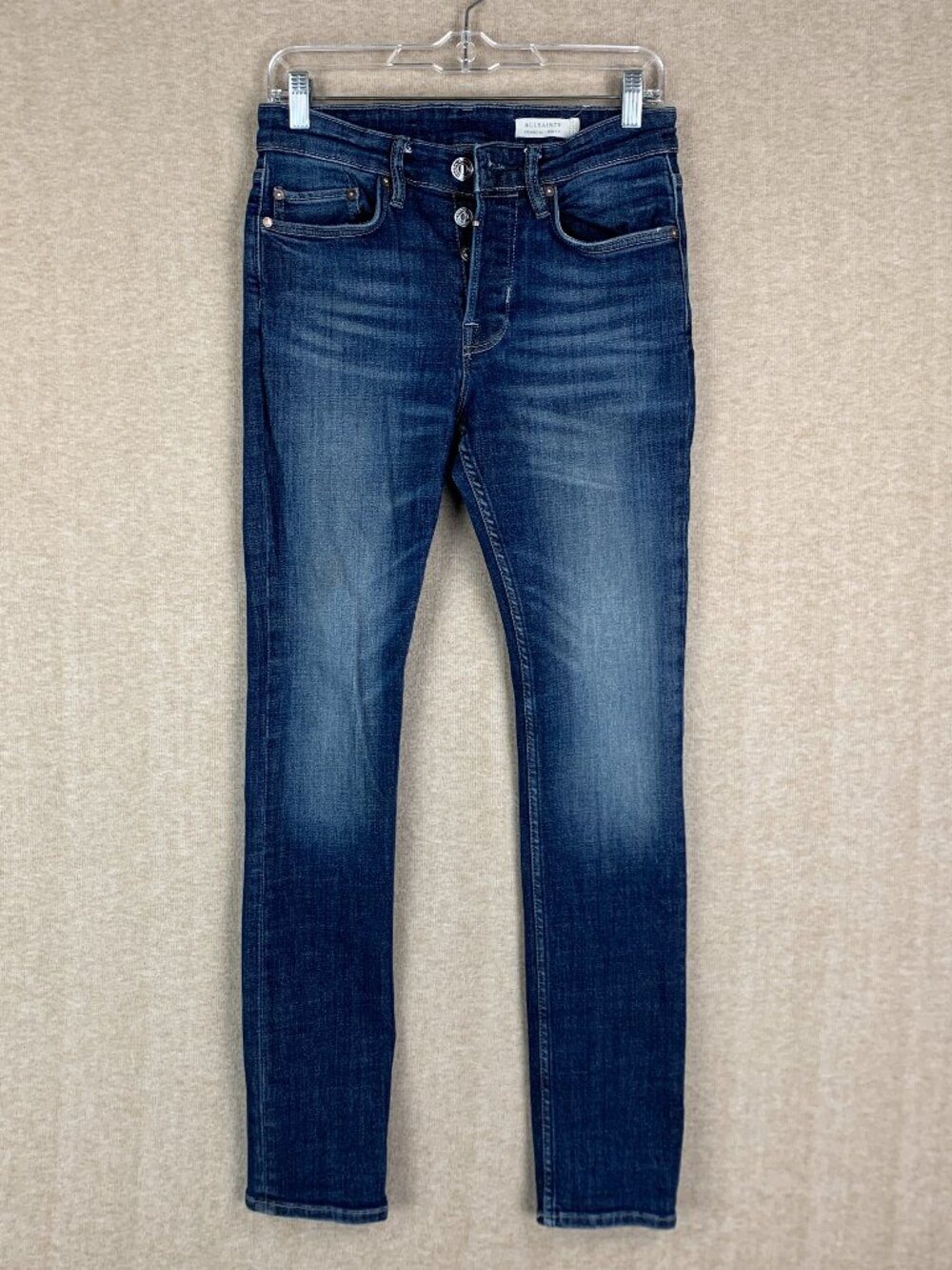 All Saints Cigarette Jeans Mens 28x30 * Blue Denim Skinny Button Fly Whisker